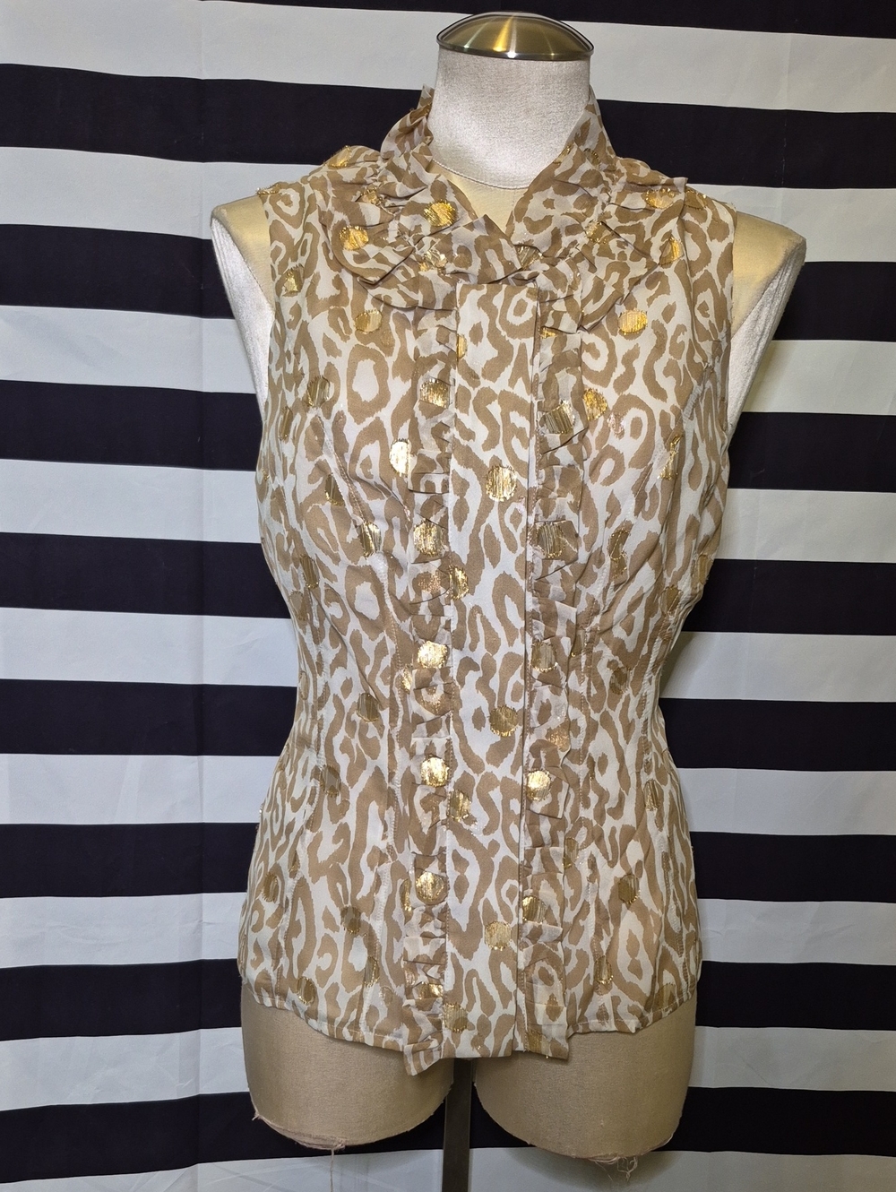 Sleeveless Silk Beige Leopard Print Blouse with Gold Accents